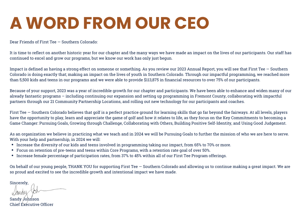 2023-Annual-Report-CEO-Letter-1 – First Tee – Southern Colorado